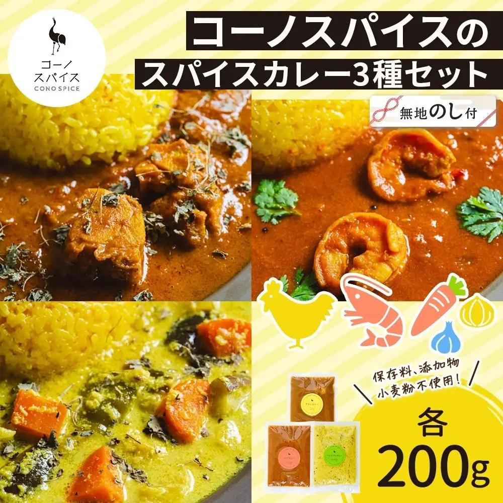 《無地熨斗》 コーノスパイス スパイスカレー 3種 セット チキンカレー エビカレー ベジタブルカレー 各200g パック カレー 冷凍 小麦粉不使用 グルテンフリー CONO SPICE コーノコーラ 送料無料 愛知県 名古屋市