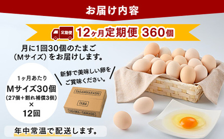 【12ヶ月定期便】相模原市田名のおがわのたまご　ピンク卵　Mサイズ 30個(27個＋割れ補償3個)×12か月