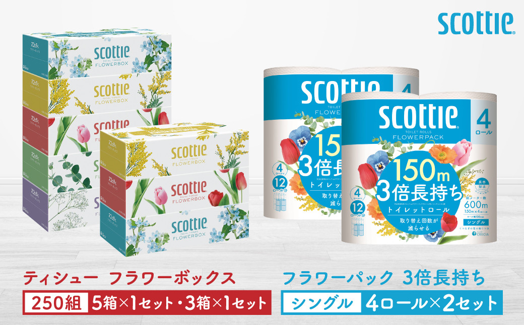 
            【スコッティ】ティシュー フラワーボックス 250組（5箱パック×1セット・3箱パック×1セット）＋フラワーパック 3倍長持ち（4ロール(シングル)パック×2セット）ティッシュ トイレットペーパー 日用品
          