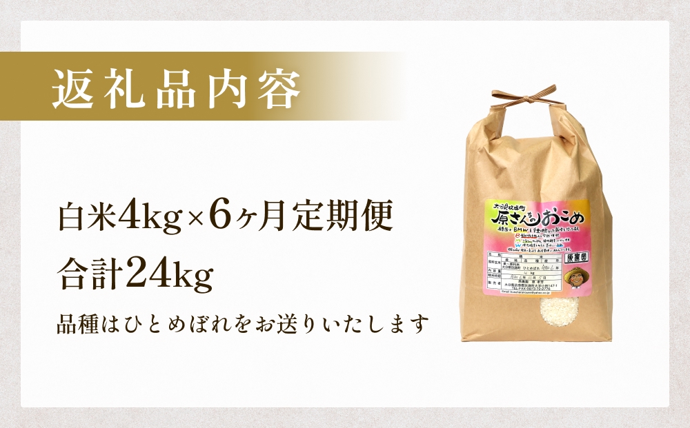 【令和8年産米先行受付】原さんちのお米 白米 ４kg ひとめぼれ 6回定期便 米 お米 こめ コメ  ご飯 ヒトメボレ 常温 大分県 大分 玖珠町 玖珠