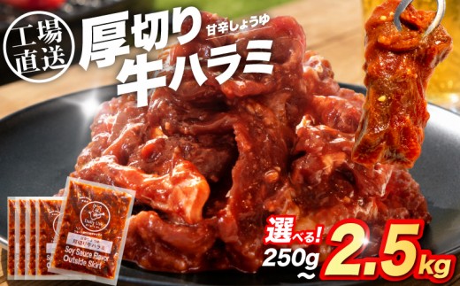 
                  厚切り 牛ハラミ 選べる 250g ～ 2.5kg ( 250g × 1～10 ) 冷凍 大容量 小分け 工場直送 特製 味付き 醤油 牛肉 牛 肉 ハラミ 焼肉 牛丼 しょうゆ タレ 味付 バーベキュー BBQ ビーフ おかず 簡単 つまみ 個包装 豊味館 長崎県 佐世保市 E234-all
                