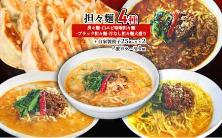 担々麺4種（担々麺・白エビ味噌担々麺・ブラック担々麺・汁なし担々麺大盛り）＋自家製餃子25個入り×2 激辛ラー油1個 ラーメン 麺類 調味料  FAD-1353
