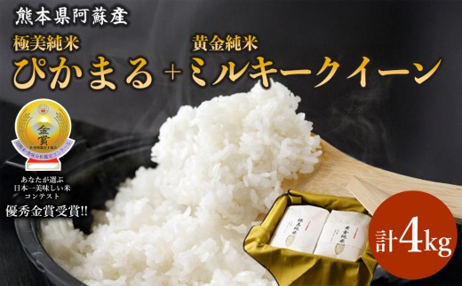 
                  【金賞受賞】 ミルキークイーン ぴかまる セット 2㎏ 2袋  各2㎏ 計4㎏ ミルキークィーン みるきーくいーん 食べ比べセット 米 こめ コメ お米 おこめ 白米 ブランド米 銘柄米 熊本県産 熊本産 極美純米（ぴかまる） 黄金純米（ミルキークイーン） セット 小分け 小分けパック 熊本県 阿蘇市 
                