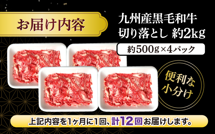 【12回定期便】【小分けで使いやすい】九州産黒毛和牛 切り落とし 計24kg（約2kg×12回）＜宮本畜産＞ [CFA010]