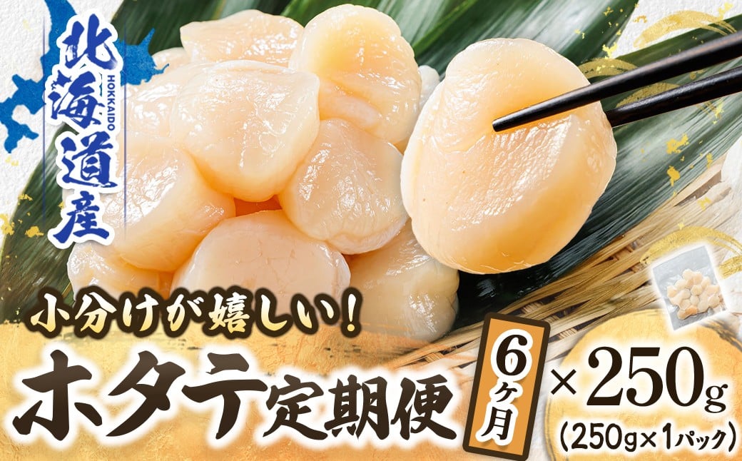 
            【定期便 6ヶ月連続】北海道産 ホタテ貝柱 （約250g×1コ） 帆立 ホタテ ほたて 貝柱 冷凍 刺身 刺し身 小分け ホタテ貝柱 刺身ホタテ 刺身 冷凍 セット 産地直送 魚介類 海鮮 絶品 人気 ヒロセ 定期便 6回 6か月 海鮮定期便 北海道 釧路町 釧路超 特産品 br04
          