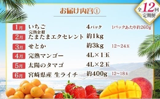 【12回定期便】旬 人気 フルーツ 南国宮崎産 マンゴー ライチ 金柑たまたまエクセレント シャインマスカット ピオーネ いちご みかん 梨 柑橘 太陽のタマゴ きんかん たまたま ぶどう 果物 詰め