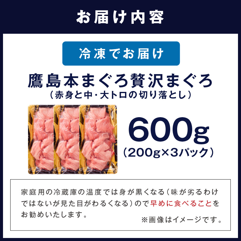 鷹島産本まぐろ 贅沢まぐろ たっぷり2人前(赤身と中・大トロの切り落とし200g)×3パック( まぐろ マグロ 鮪 大トロ 中トロ 赤身 本まぐろ 切り落とし 簡単解凍 )【134-0031】