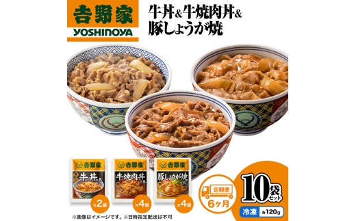 【定期便 6か月】吉野家 牛丼&牛焼肉丼&豚しょうが焼 10袋セット（冷凍） 牛丼 レトルト 非常食 防災食 お楽しみ 新潟
