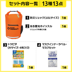防災士監修 防災グッズ 車載用セット 13点 防水 多機能リュック 10L 携帯トイレ 清潔用品 エアマット 保存水 クッキー マスク 非常用持ち出し袋 防災リュック 防災 防災用品 非常用 避難 地
