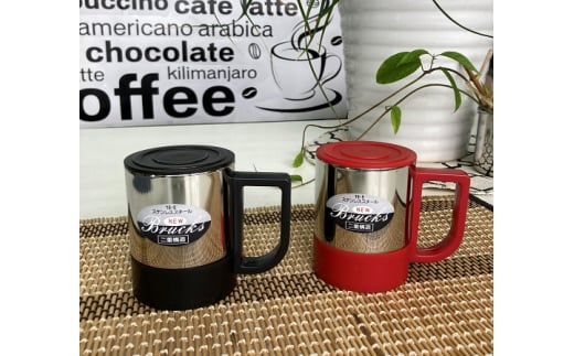 ホルダーが取り外しできる蓋付二重構造マグカップミラーセット(黒 & 赤) FC012104