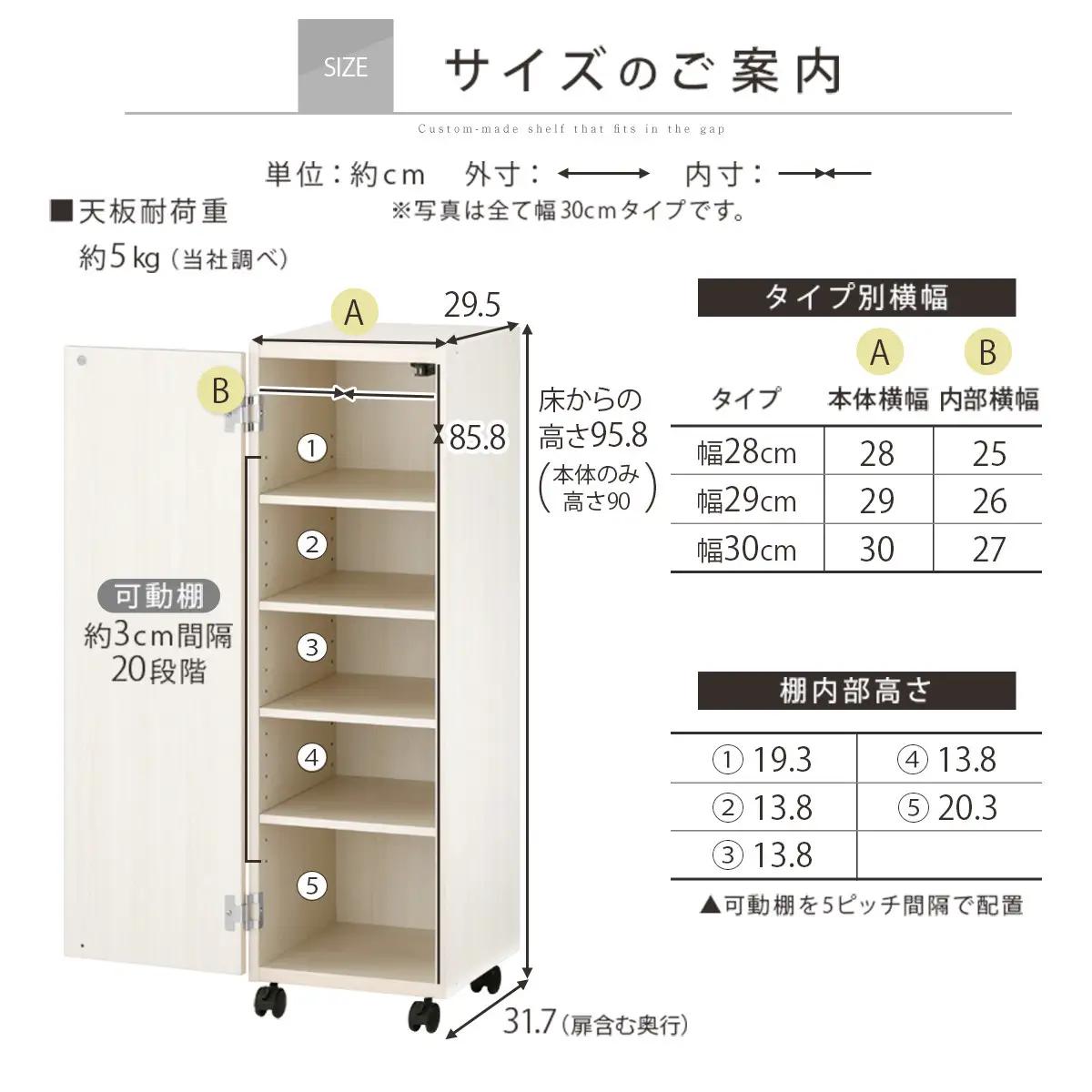 【完成品でお届け】オーダーすき間ラック〔幅28cm・キャスター・扉右開き・ロータイプ〕（ホワイトウッド）すき間ラック 収納棚 約 奥行32 高さ96 扉付き キャスター付き スリム ロータイプ AKA