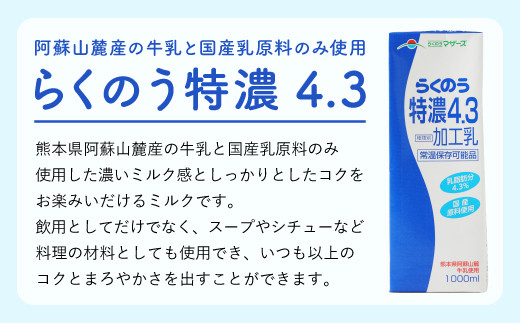 【12ヶ月定期便】らくのう特濃4.3 計72L 1ケース（1000ml×6本）×12回 ミルク 牛乳 加工乳