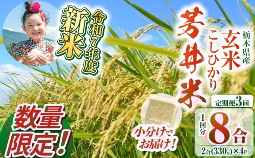 【定期便3回】【数量限定】【令和7年度新米先行予約】新米那珂川町産芳井米 玄米 330g（2合分）×4 | こしひかり 新米 米 ごはん  ふっくら もちもち  ふるさと納税 那珂川町 栃木県