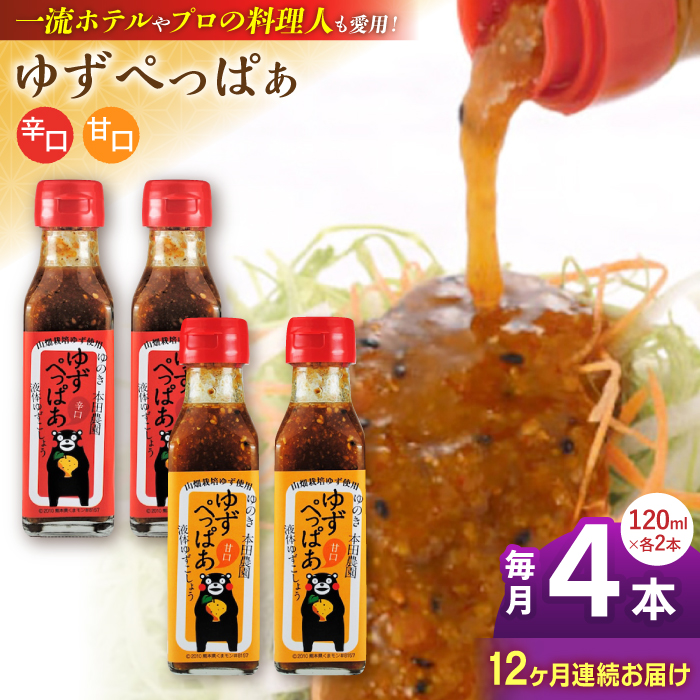 【全12回定期便】ゆずぺっぱぁ 辛口 甘口 120ml 各2本 柚子 熊本 山都町【本田農園】[YDL039]