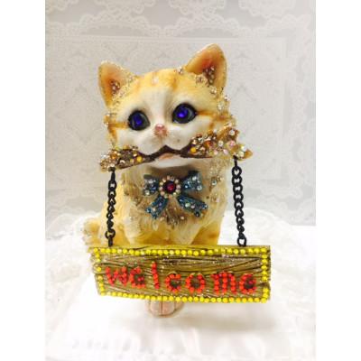 ふるさと納税 中間市 ジュエリー招き猫:ウエルカムキャット(ボード付き)黄猫