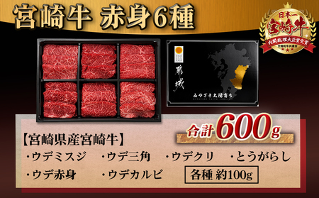 【お歳暮】宮崎牛赤身6種600g≪11月17日～12月21日お届け≫_16-2601-WG_(都城市) 牛肉 赤身 希少部位 食べ比べ 焼き肉 焼肉 BBQ ウデミスジ ウデ三角 ウデクリ とうがらし