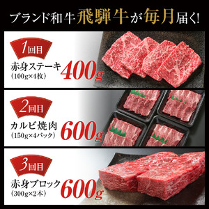 【定期便】飛騨牛（全３回）（ステーキ /焼肉 / ブロック[塊] ) 計1.6kg 全3回 | 焼肉 ステーキ カルビ 牛 定期  飛騨高山ミート MZ101