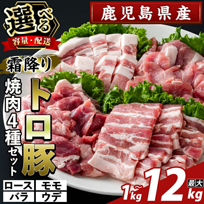 【ふるさと納税】＜選べる容量・配送＞鹿児島県産霜降りトロ豚 焼肉用バラエティセット(合計1kg〜3kg・定期便 3回・6回・12回) ロース バラ ウデ モモ 焼き肉 ヤキニク 豚肉 国産 鹿児島県産 肉 精肉 小分け セット 食べ比べ【ふるさと産直バザール】