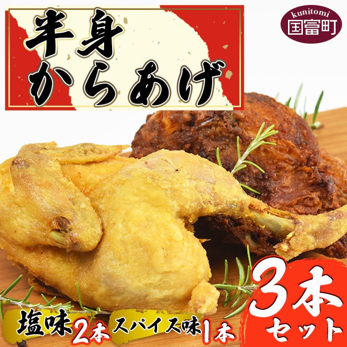 【ふるさと納税】全国からあげグランプリ4年連続金賞受賞＜半身からあげ3本セット(塩味×2本 スパイス味×1本)＞※入金確認後、準備でき次第翌々月までに順次発送します 鶏肉 唐揚げ 米粉 クリスマス 食べ比べ 宮崎かしわや 平和食品工業 宮崎県 国富町 0031_hi【冷凍】