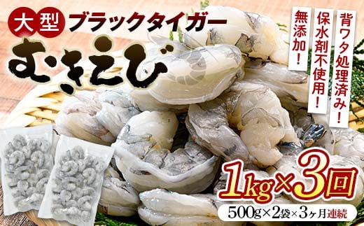 ブラックタイガーむきえび 1kg×3回定期便（3ヶ月連続） エビ 海老 むき身 海鮮 魚介類 無添加 バラ凍結 保水剤不使用 下処理済み F6L-1125