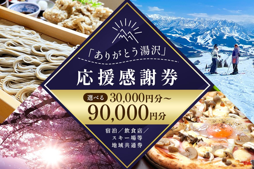 
                  「ありがとう湯沢」応援感謝券　選べる金額 【30,000円分/60,000円分/90,000円分】旅行券 クーポン券 割引券 サービス券 旅行 観光 スキー場 温泉 お土産 旅館 ホテル 民宿 レジャー施設 お食事券 地域商品券 リフト券 旅行券 スノーボード チケット 越後湯沢
                