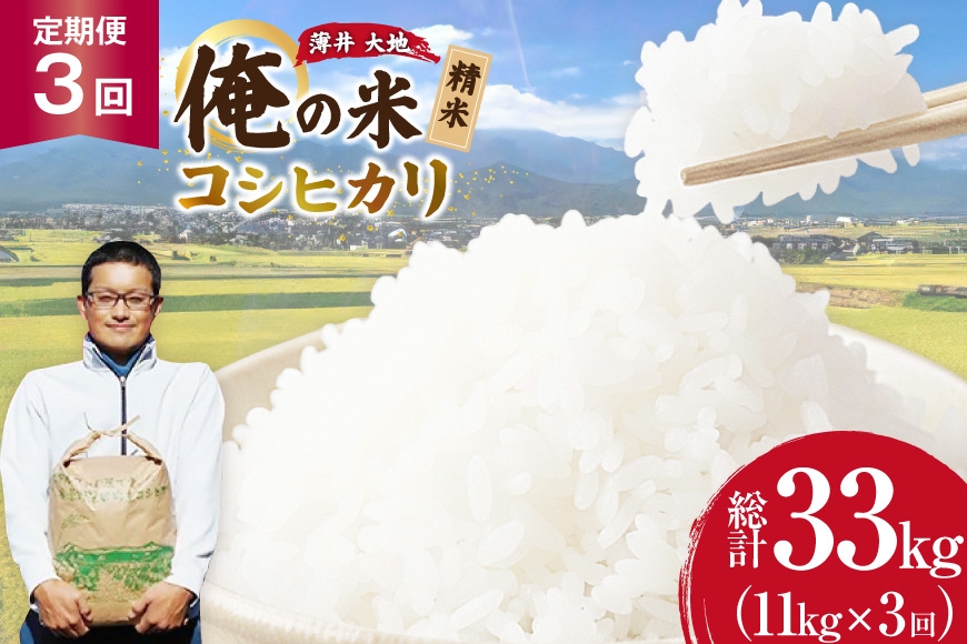 
                  【俺の米】 米 定期便 3回 令和8年 コシヒカリ 精米 11kg 計 33kg [薄井 大地 長野県 池田町 48110937] お米 おこめ こめ コメ 白米 ご飯 ごはん 定期 3ヶ月  おにぎり こしひかり 美味しい もっちり 甘い 農家 直送 10キロ 30キロ 以上 令和8年産 先行予約 新米
                