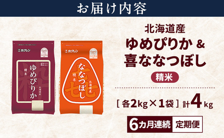 【6ヵ月連続定期便】北海道産 ゆめぴりか ななつぼし 食べ比べセット 精米 各2kg 合計4kg 米 特A 獲得 白米 ごはん 定期便 定期配送 6ヵ月 道産米 ブランド米 4キロ お米 ご飯 米 北