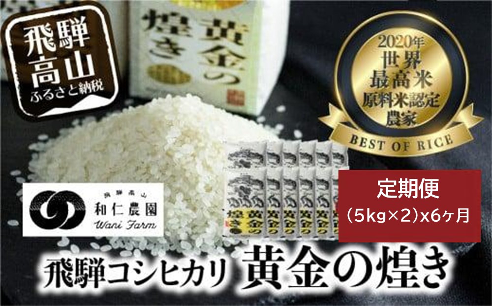 【定期便 6ヶ月】（全6回）令和8年度産 飛騨産コシヒカリ「黄金の煌き」5kg×2 |新米 米 お米 白米 こしひかり 世界最高米 原料米認定農家 金賞受賞農家 飛騨高山 和仁農園 MF105-26