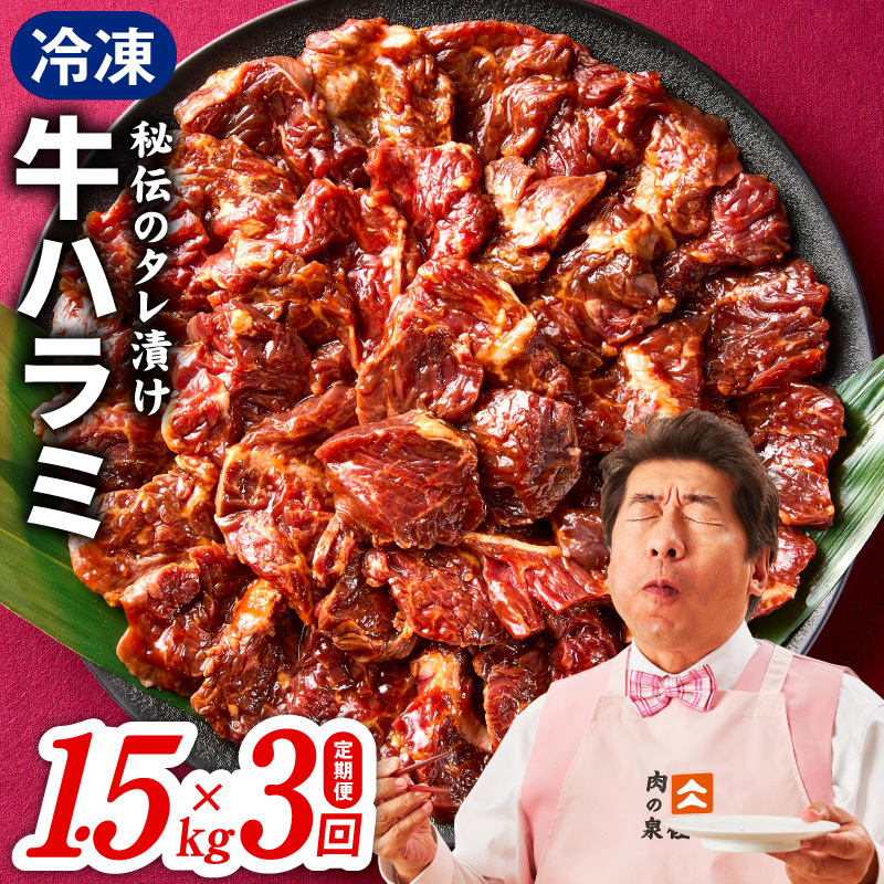 【定期便】牛ハラミ肉 1.5kg×全3回【小分け 300g×5P 秘伝の赤タレ 味付き 焼肉 訳あり サイズ不揃い 毎月配送コース】 099Z518