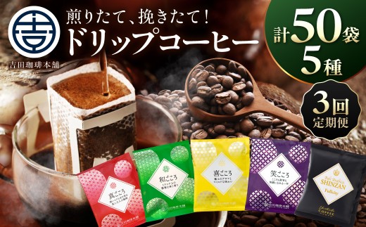 【吉田珈琲本舗】 煎りたて 、 挽きたて !ドリップコーヒーセット 5種50袋入り 3ヶ月定期便【010C-031】