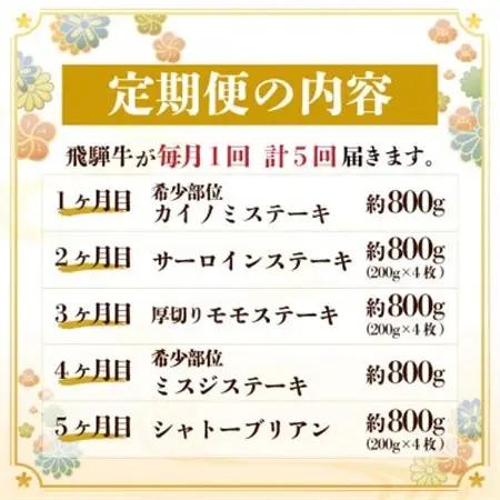 【毎月定期便】飛騨牛 極ステーキ定期便　計約4kg【冷蔵便】全5回　A4～A5等級　黒毛和牛_肉 ステーキ 牛肉 ビーフステーキ  肉 飛騨牛 牛肉 うし ビーフ  定期便 定期便  _【配送不可地域