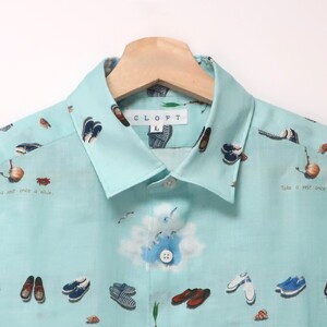 CLOFT 麻100％半袖プリントシャツ”たまにはぼっーとしようよ！”（C/＃23 アクアブルー） L 0139-028-S07-5