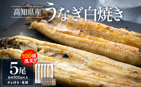 【限定100個】高知県産うなぎの白焼き 100ｇ～120ｇ×5尾【うなぎ 高知県産うなぎ 白焼きうなぎ 鰻 うなぎレシピ付き】 yw-0085