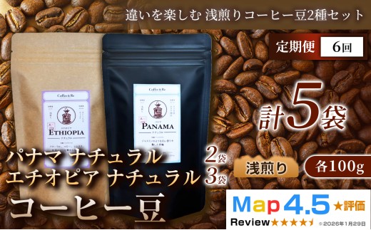 【定期便】【違いを楽しむ 浅煎りコーヒー豆2種セット】(計100g×5袋)×1セット×全6回 コーヒー豆（浅煎り）エチオピア産 ナチュラル製法 コーヒー豆 コーヒー 焙煎 浅煎り 飲みやすい ご褒美 来客用 お取り寄せ ギフト 敬老の日 贈答 贈り物