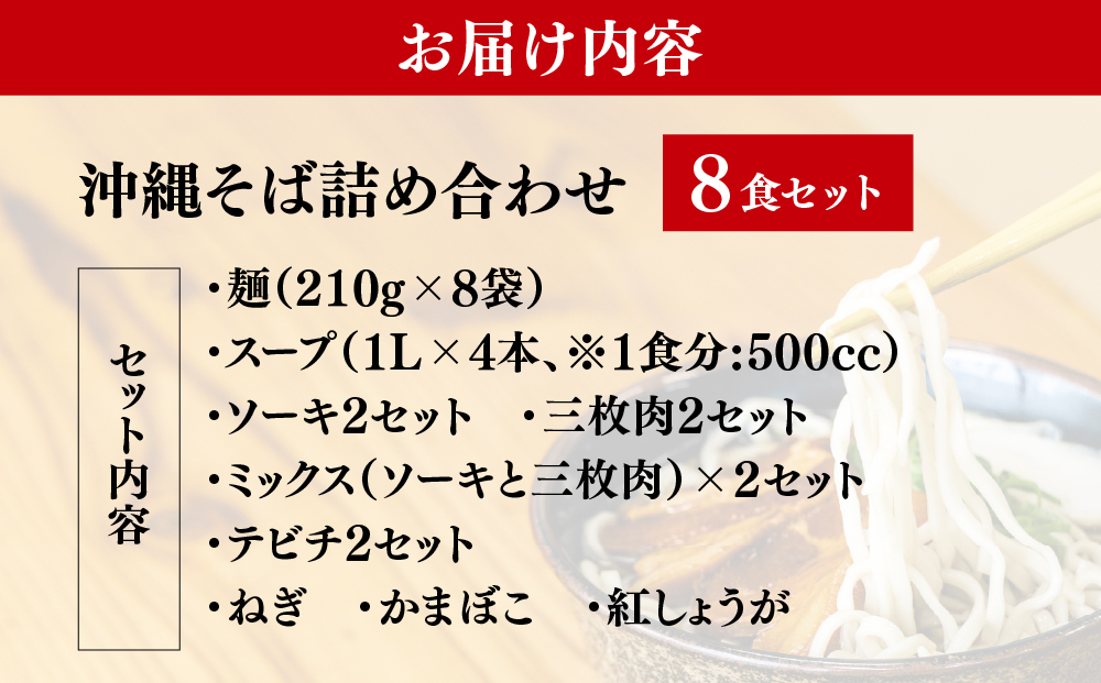 「玉家 豊崎店」の沖縄そば詰め合わせ8食セット｜沖縄そば そば 沖縄 おきなわ 麺 麺類 ソーキ 三枚肉 テビチ セット 玉家豊崎店 沖縄県 豊見城市 人気 送料無料(AA003-2)
