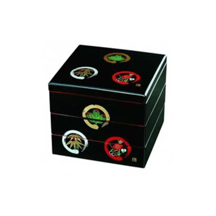 紀州漆器 三段重箱 黒 丸に松竹梅（内朱塗） ［YS19］