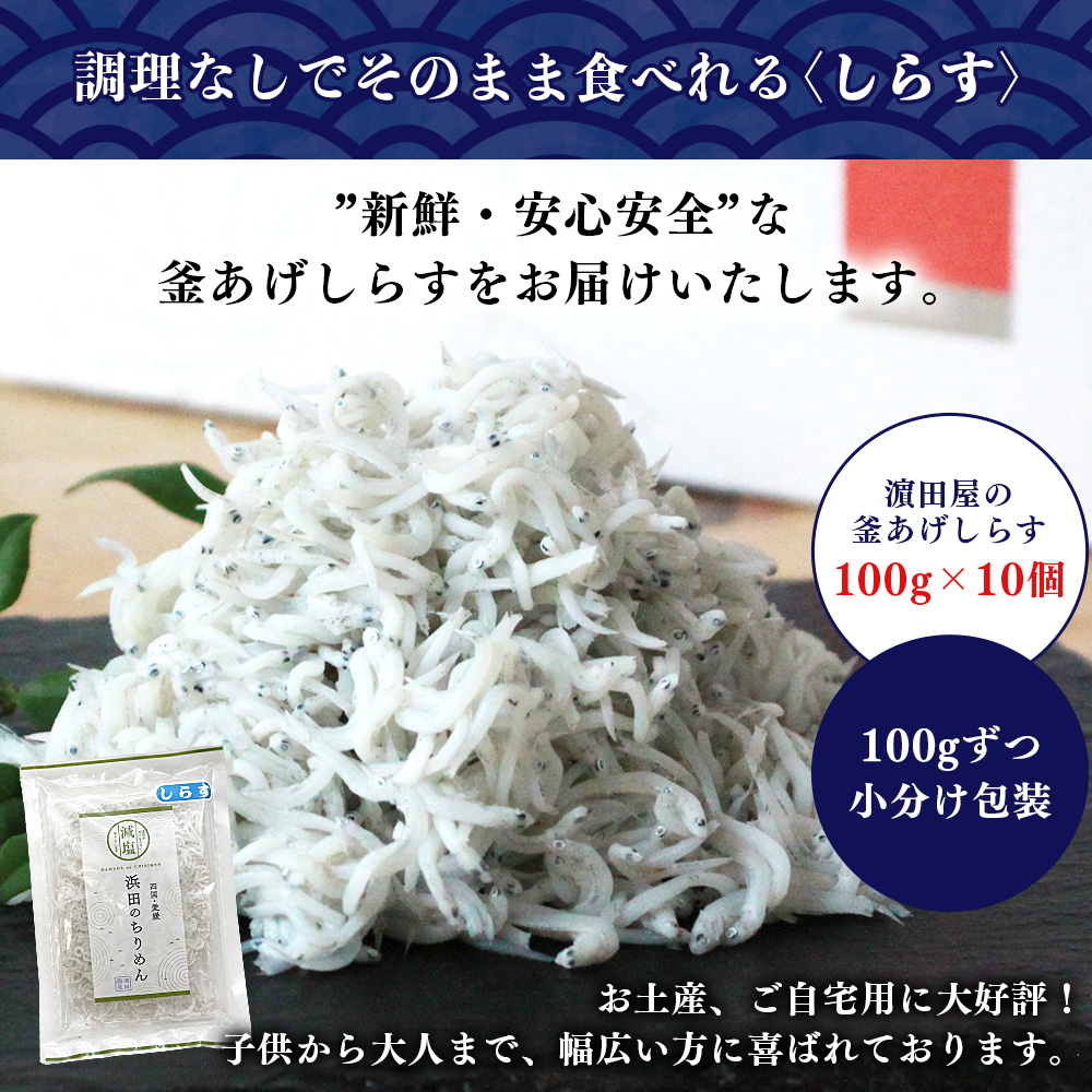 ＜老舗網元 濱田屋の釜あげしらす 合計1kg（100g×10個）＞ 釜揚げ シラス じゃこ 海鮮 海産物 丼 おにぎり 具材 ごはんのお供 おつまみ おやつ 小魚 カルシウム 乾物 小分け 国産 マル