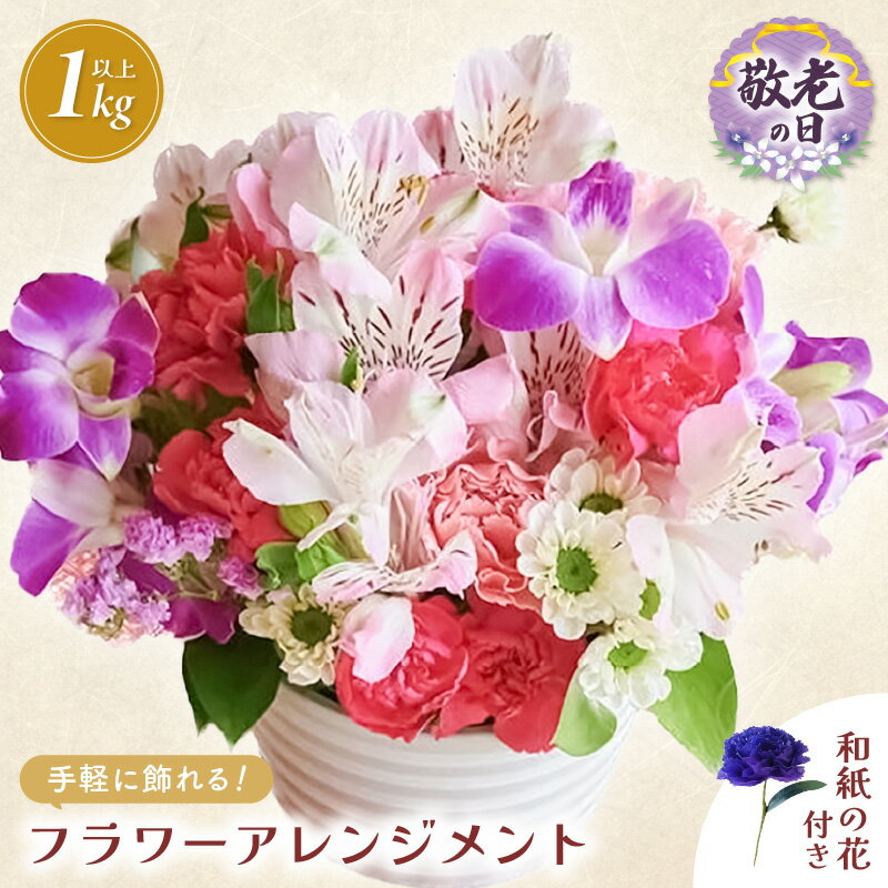 【ふるさと納税】【先行予約】敬老の日限定 そのまま飾れる フラワーアレンジメント 生花【2026年9月18日～9月21日発送】感謝を大切な人に メッセージカード付・越前和紙 小花一輪付【ギフト 手軽 花 華 おしゃれ プレゼント 敬老の日 シルバー 花瓶いらず 水替え無 】