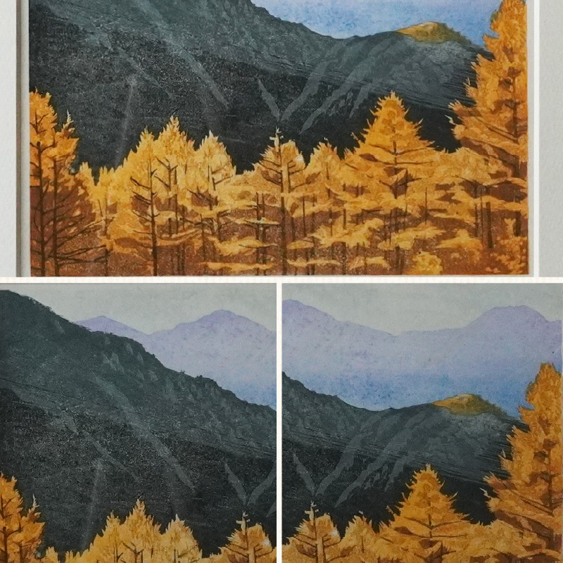 版画「錦秋」 ［201M09］ 版画 錦秋 額装 絵画 木版画家 陶山俊一 小牧市在住 日本 自然 風景 モチーフ 光の濃淡 遠近感 質感 木版画 手作業 アート作品 アート インテリア 壁掛け 絵