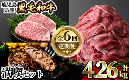 a1035 《定期便全6回》黒毛和牛満喫セット(計4.26kg)サーロインステーキ・切り落とし・カイノミ焼肉・ハンバーグ・赤身ランプステーキ・サーロインスライスの定期便【水迫畜産】国産 鹿児島産 肉 牛肉 牛 冷凍
