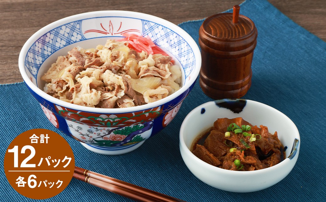 
            牛丼の具と牛すじ煮込みの食べ比べセット各6パック 計12パック 国産牛すじ煮込み:180g×6P 牛丼の具:150g×6P スジ バラ 牛肉 丼ぶり ご飯のおとも
          