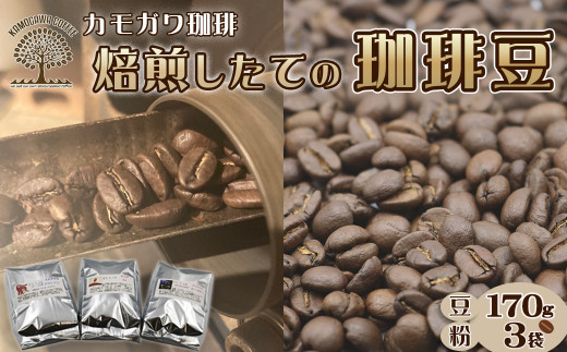 【カモガワ珈琲】焙煎したてのコーヒー豆 ３種（170g×３袋）《粉》　[0018-0025]