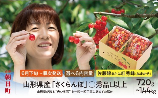 
                  【申込締切7/5(日)ご入金確認分まで】【7/10までに順次お届け】令和8年産 山形県産 山形県産 さくらんぼ （ 佐藤錦 ・ 紅秀峰 ）※不在日連絡は備考欄にて※ 丸秀品 L以上 選べる容量 720g (180g×4)・ 1.44kg (180g×8)【2026年6月中旬から順次発送】 山形県 果物 サクランボ フルーツ 初夏 夏 送料無料
                