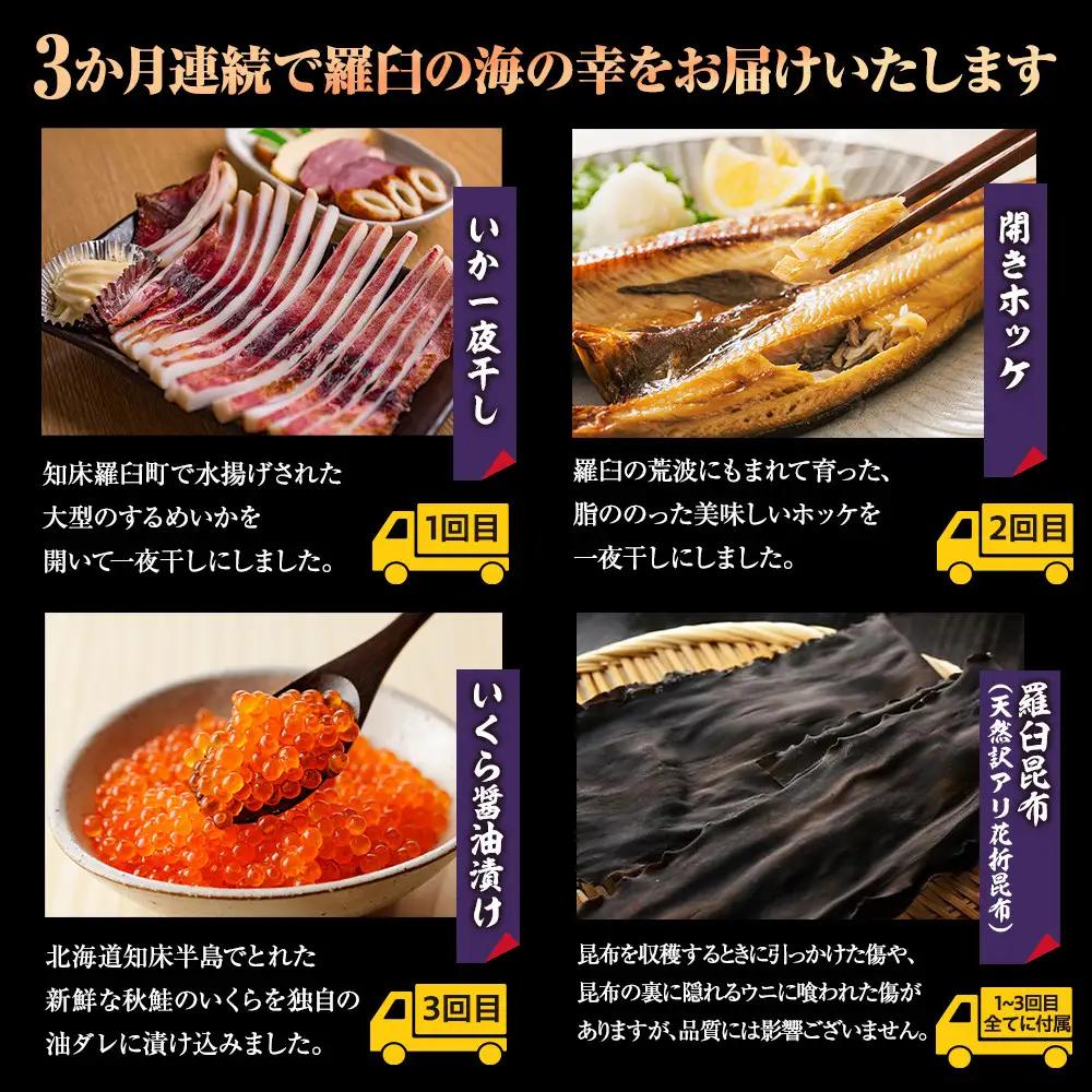3か月連続定期便 羅臼産厳選 海産物 訳あり羅臼昆布付き 魚 知床 北海道