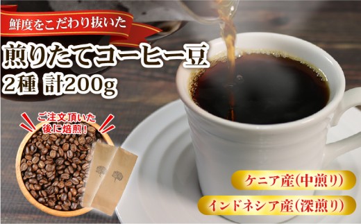 自家焙煎 コーヒー 豆 200g (インドネシア100g/深煎り、ケニア100g/中煎り)