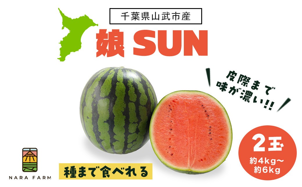 
                  【先行予約・2027年6月下旬頃より発送】娘SUN 2玉【 ふるさと納税 人気 おすすめ ランキング 娘SUN２玉入り ぷちっと スイカ 西瓜 すいか 果物 フルーツ 国産 産地直送 甘い 野菜 千葉県 千葉県産 山武市 送料無料 】 SMAF006
                