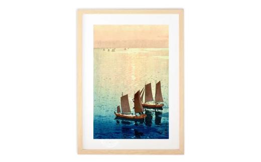 吉田博「瀬戸内海集 光る海」Mサイズ A3 ジクレー版画 額縁付き 日本画 名画 木版画 風景画 海景画 帆船 夕陽 海 アートフレーム 額入り絵画 壁掛け インテリアアート 署名・エディション番号入り 壁掛けフック付き リビング 玄関 書斎 和モダン 復刻アート 埼玉県白岡市 あゆわら