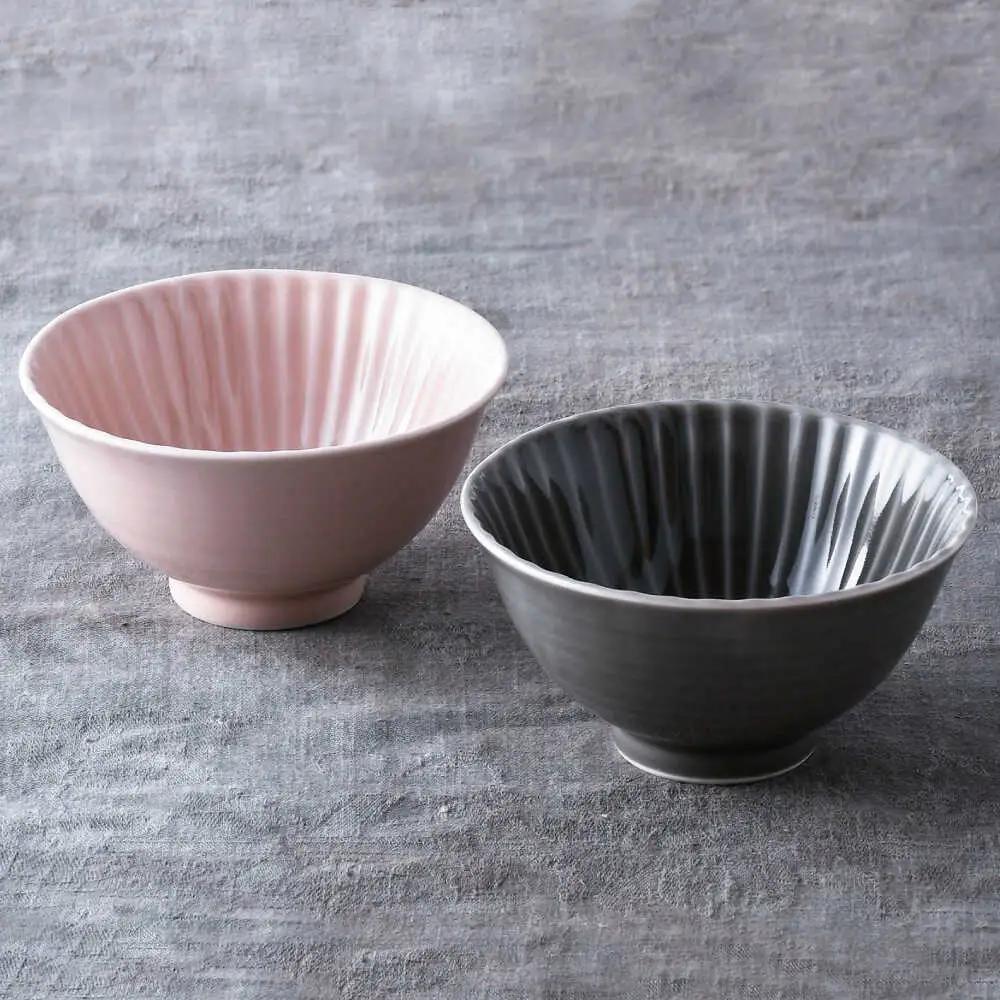 【波佐見焼】しのぎ 茶碗 大2個セット グレー・ピンク 食器 ちゃわん【一龍陶苑】[CC93]