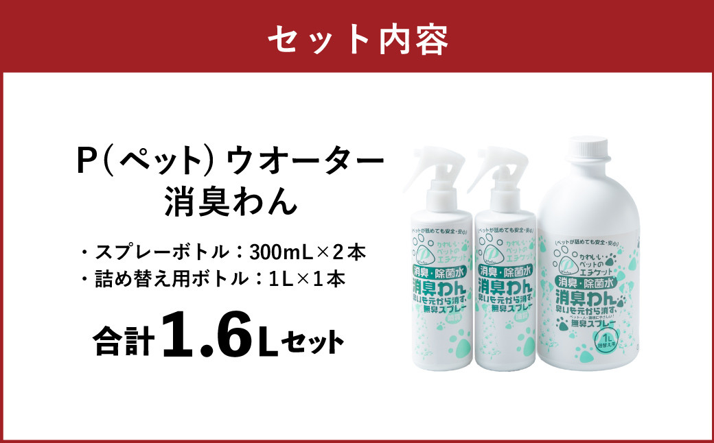 P（ペット）ウオーター消臭わん スプレーボトル （300ml）×2本・詰め替え用ボトル1L 合計1.6Lセット