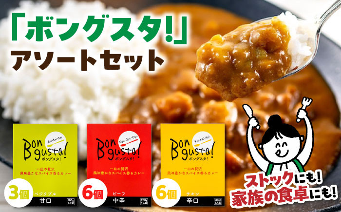 
            レトルトカレー「ボングスタ！」3種詰め合わせ15個セット  カレー カレーライス セット 食べ比べ レトルト レトルトカレー ビーフ 牛肉 チキン 鶏肉 ベジタブル 野菜 スパイス 旨味 おかず カレーうどん アレンジ 時短 料理 簡単 夕食 昼食 手軽 保存食 非常食 防災 ストック おすすめ 人気 お取り寄せ 送料無料 贈答 ギフト 愛媛県大洲市/ラヴィーナ姫路[AGAM003] 
          